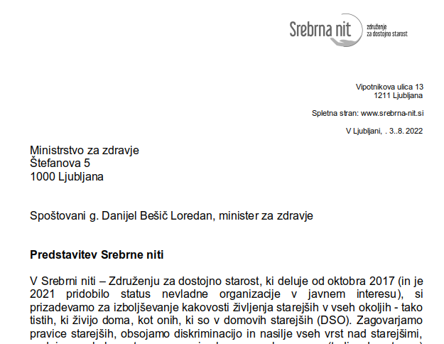 Pismo Ministrstvu za zdravje